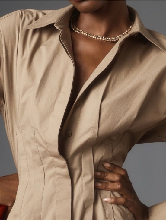 Anthropologie Dresses & Skirts - NWT Pilcro Anthropologie Taupe Corset Seam Midi Shirt Dress Large